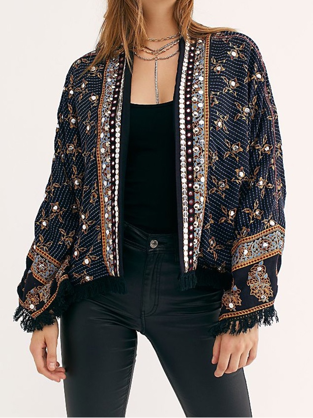 FREE PEOPLE Rays of Light Embellished Printed Fringe Kimono Jacket